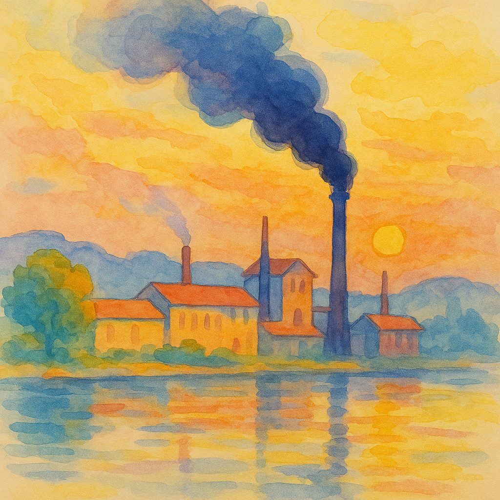Painted river landscape at dusk