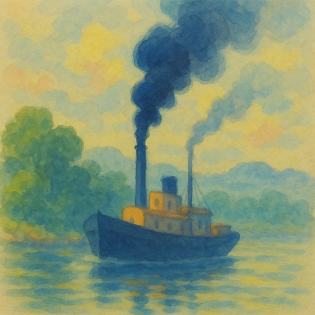 Painted river scene with a steamer